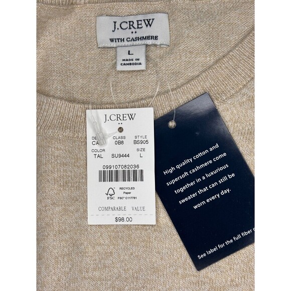 NWT J. Crew Cotton-Cashmere Sweater Puff Sleeve Crewneck Tan Women's LG MSRP $98 - Picture 2 of 4